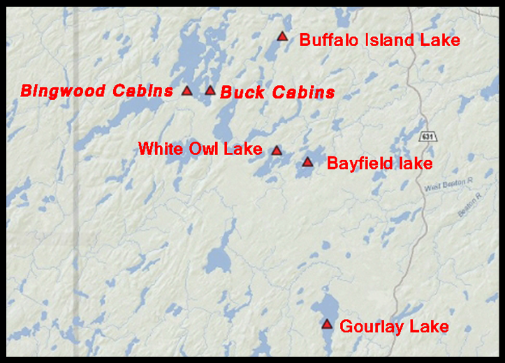 Map of Fish Buck Lake lodges and fly-in outposts Northern Ontario